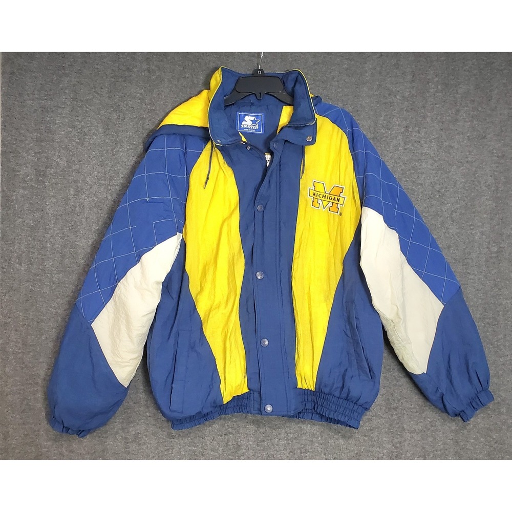 Vintage Starter Jacket XL Michigan Wolverines NCAA Hooded Zip Quilted‎ Y2K READ